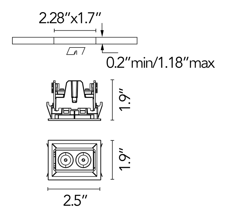 Light Shadow Mini Trim Downlight by Flos, size drawing: Light Shadow Mini Adjustable Trim 2 Spots