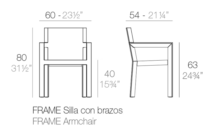 Frame Chair With Arms by Vondom, size drawing