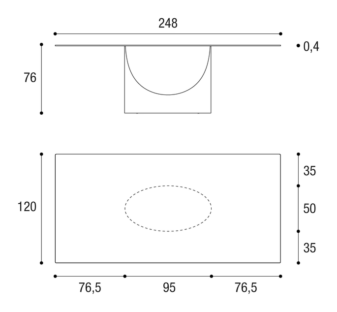 U Dining Table by Lago, size drawing: 2490W