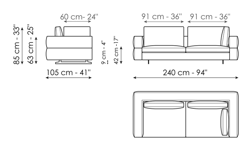 Ever More Sofa by Bonaldo, size drawing: Corner sofa 240
