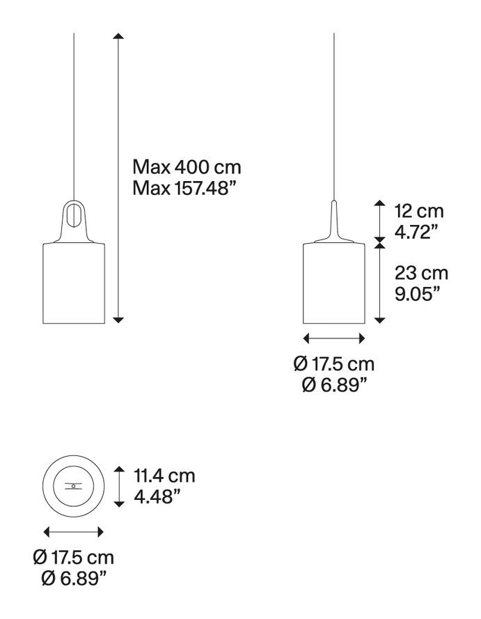Jim Bell, Cone and Cylinder Cluster Pendant Lamp by Lodes, size drawing: JIM cylinder