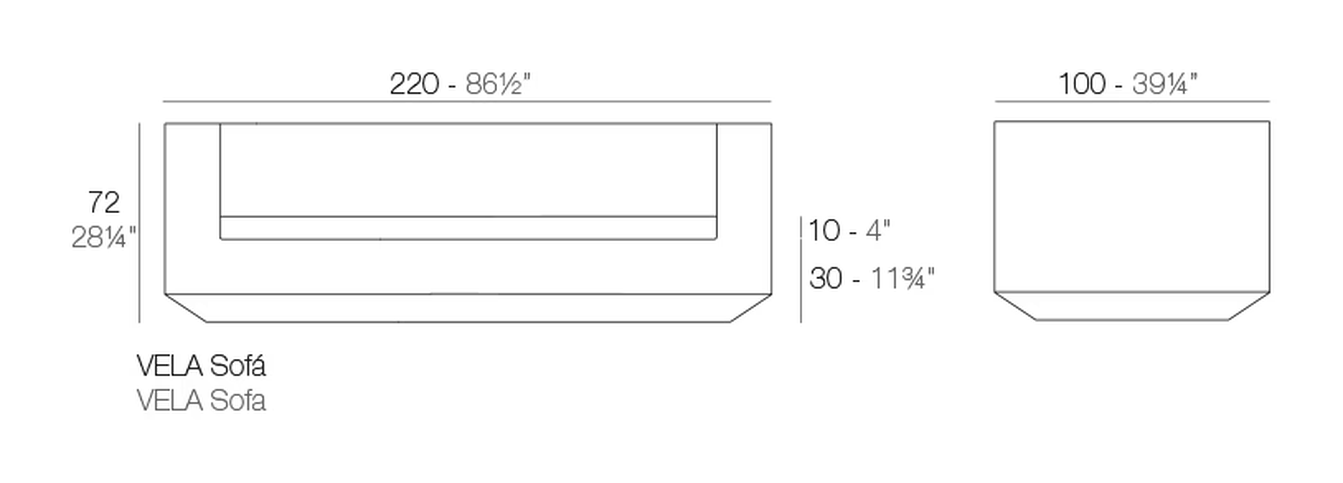 Vela Sofa 220 cm by Vondom, size drawing