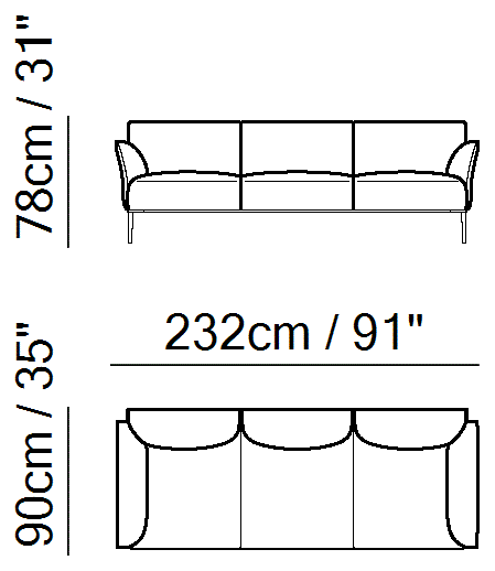 Eufolia Sectional by Natuzzi Italia: Large three-seater sofa, outline drawing with sizes