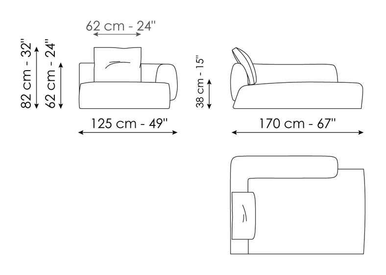 Boolean Sofa by Bonaldo, size drawing: Chaise longue