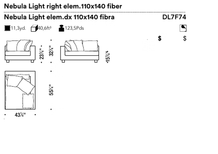 Nebula Light Sofa by Moroso, size drawing: Nebula Light right elem.110x140 fiber