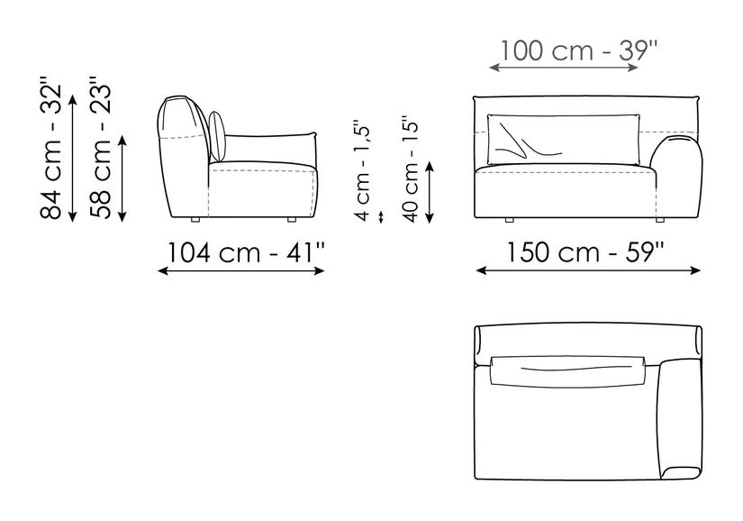 Belloalto Sofa by Bonaldo, size drawing: End section sofa 150