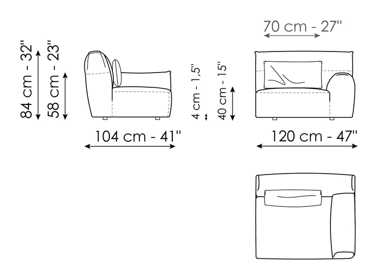 Belloalto Sofa by Bonaldo, size drawing: End section sofa 120