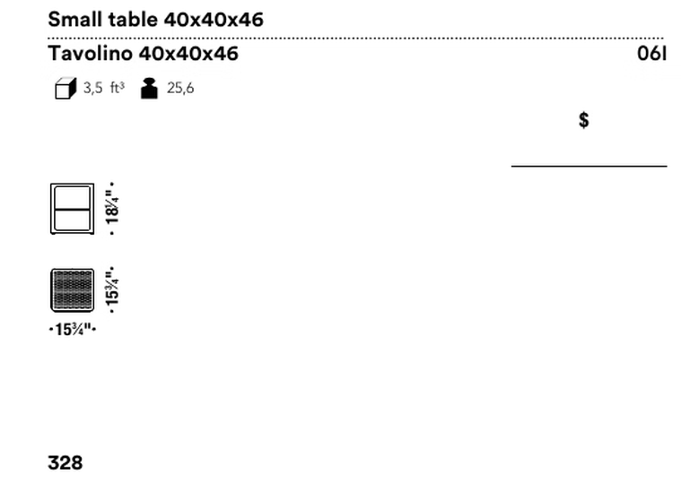 Tape Low Table by Moroso, size drawing: Small table 40x40x46
