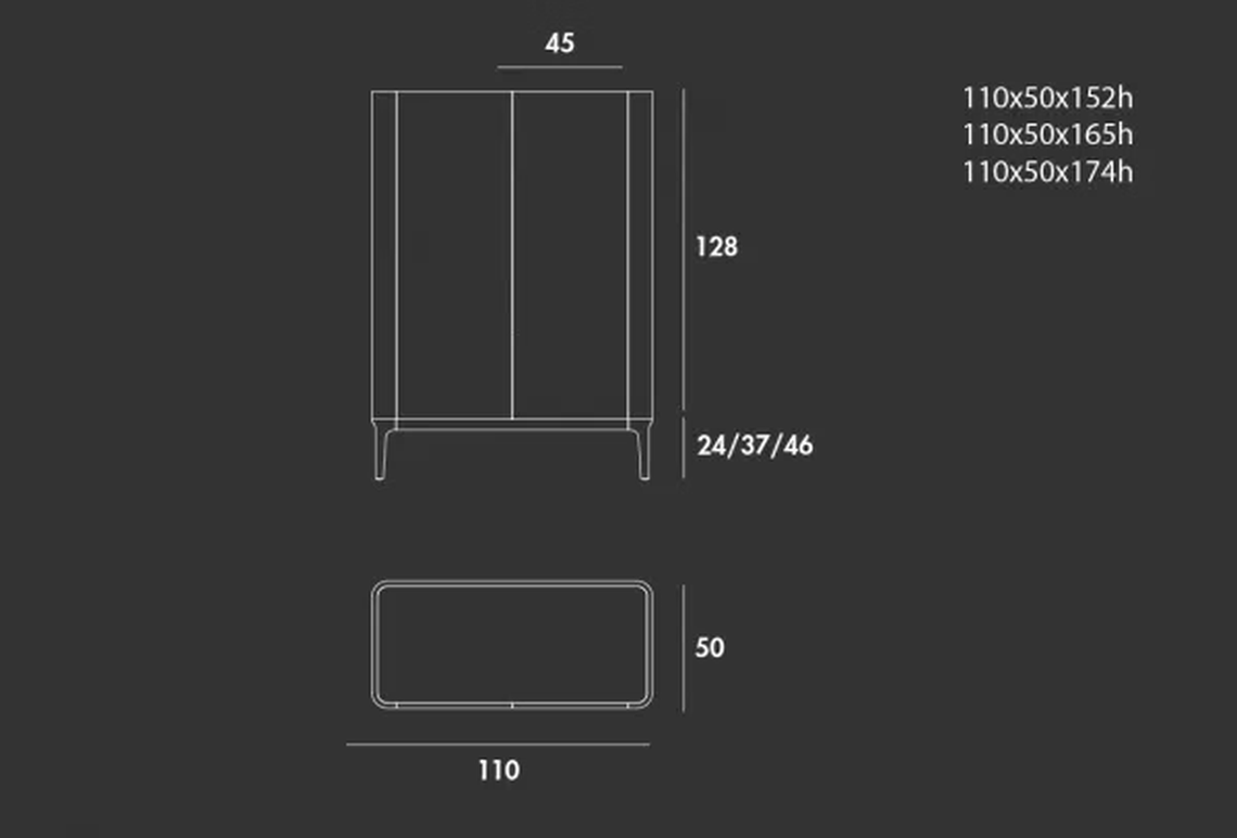 Slim Two-Door Sideboard by Sovet, size drawing: H 152 / 165 / 174