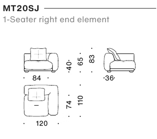 Me-Time Sofa by Moroso, size drawing: 1-Seater right end element
