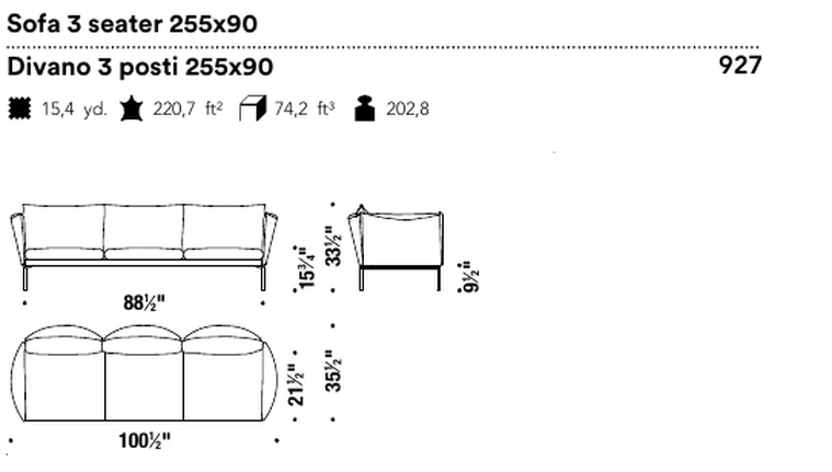 Gentry Extra Light Sofa by Moroso, size drawing: Sofa 3 seater 255x90