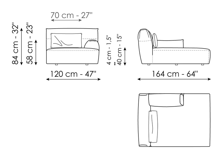 Belloalto Sofa by Bonaldo, size drawing: Chaise longue