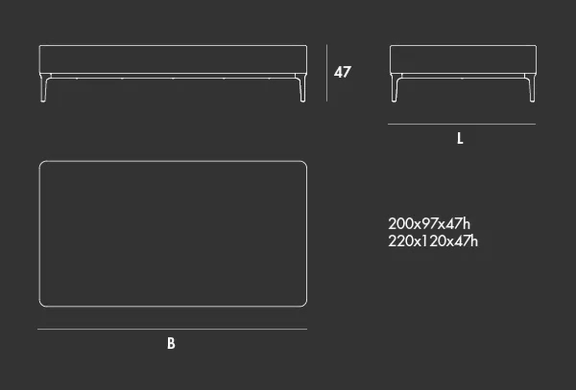 Slim Daybed by Sovet, size drawing: Seat