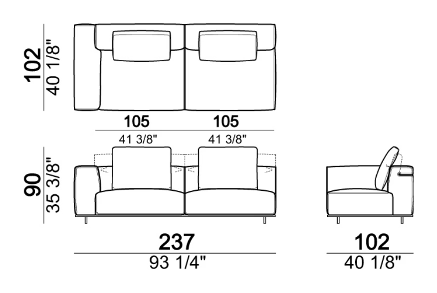 Hackman Sofa by Arketipo, size drawing: Right or left corner unit
