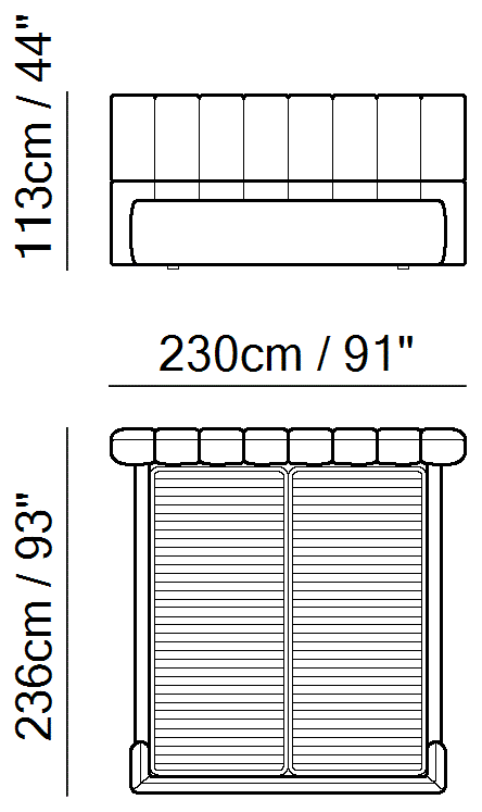 Briq Bed by Natuzzi Italia: Bed with split mesh 180X200, outline drawing with sizes