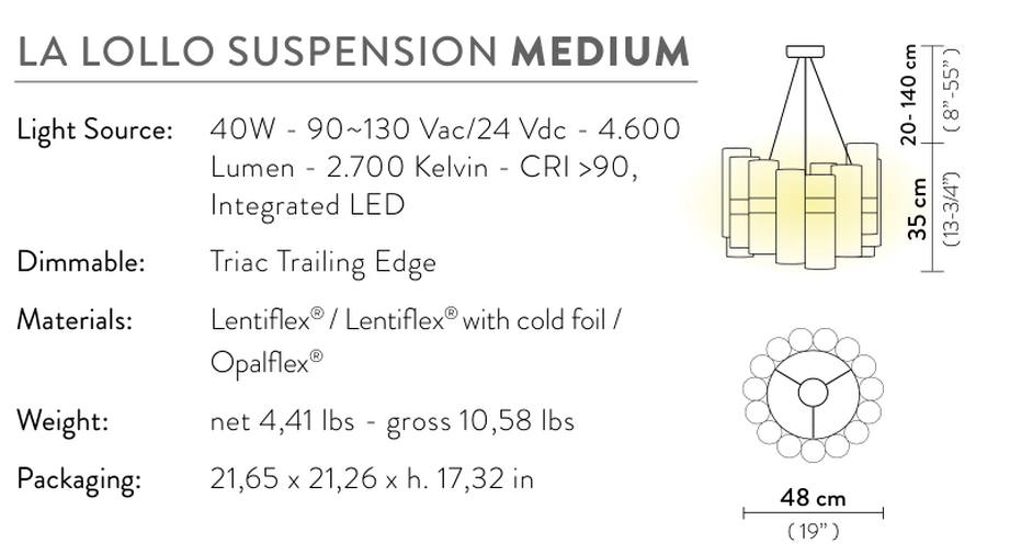 La Lollo Pendant Lamp by Slamp, size drawing: La Lollo Suspension Medium