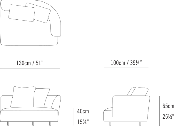 Max Sectional by Bensen, size drawing: Max Sectional 130 Right