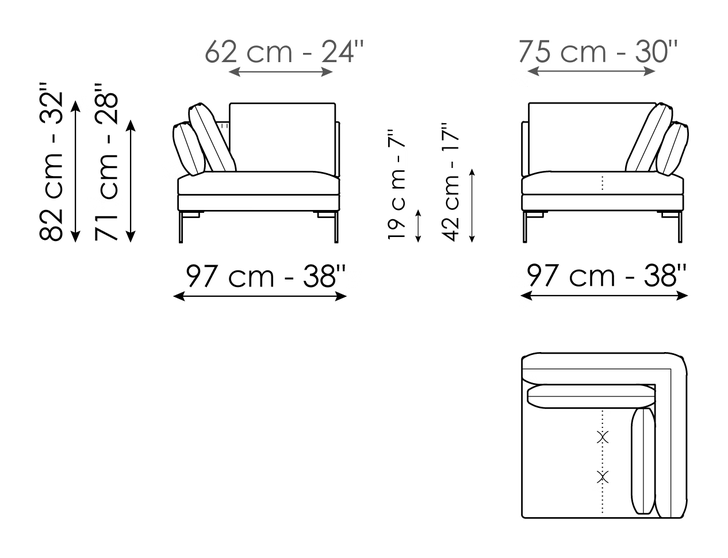 Aliante Sofa by Bonaldo, size drawing: End section sofa 97 · End section corner sofa 97