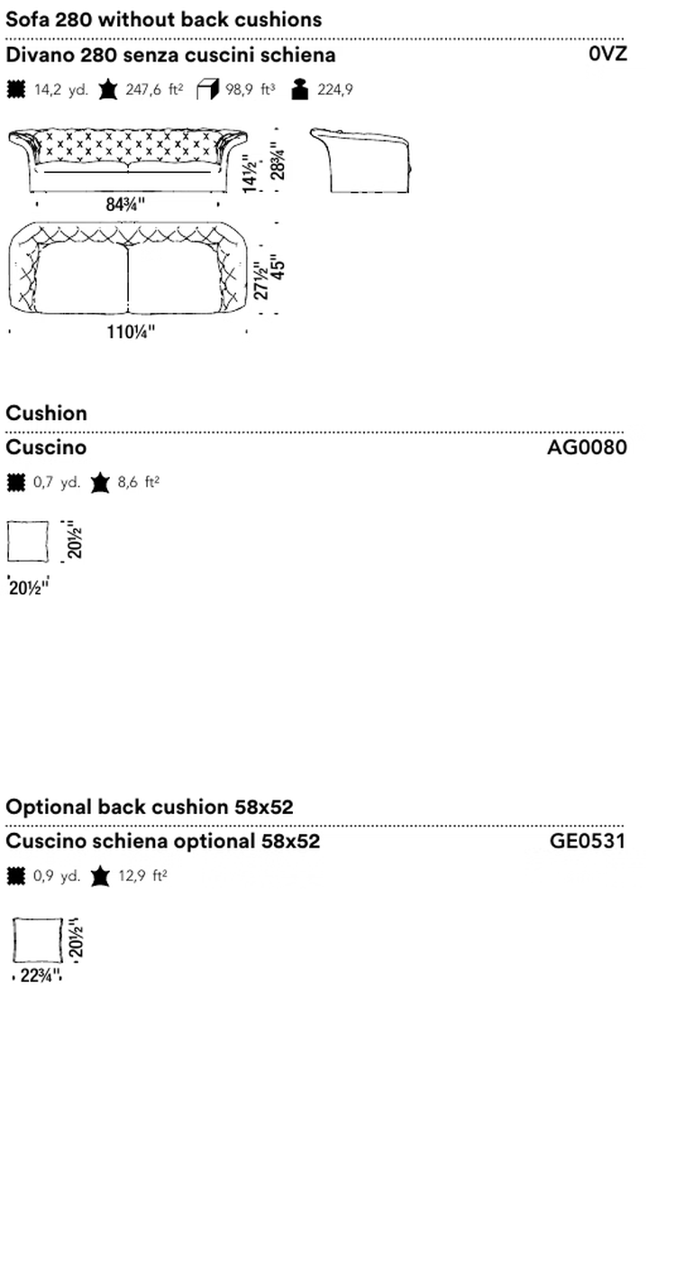 Bohemian Sofa by Moroso, size drawing: Sofa 280 without back cushions