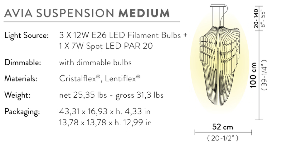 Avia Pendant Lamp by Slamp, size drawing: Avia Suspension Medium