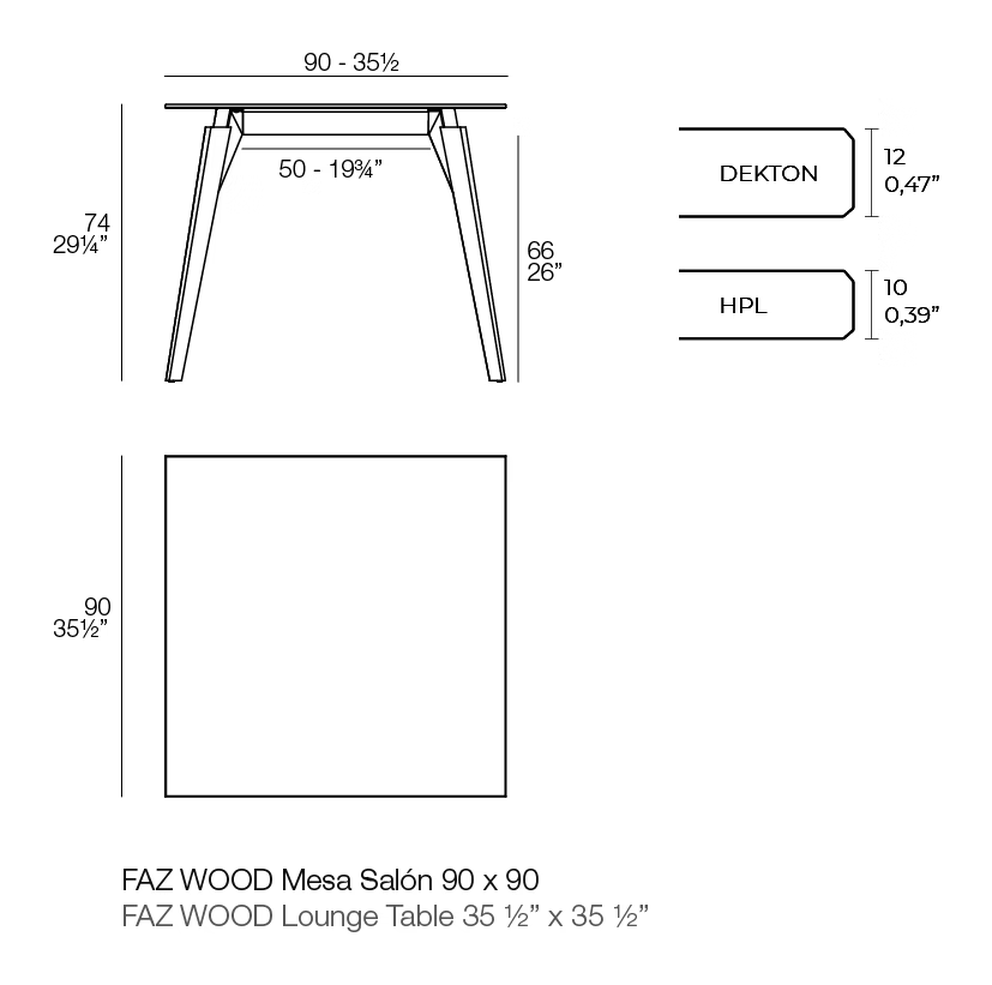 Faz Wood Lounge Table by Vondom, size drawing
