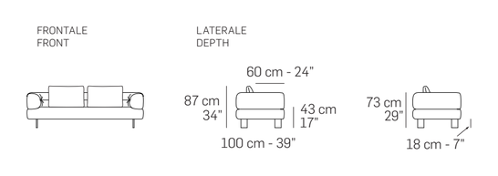 Klarence Sofa by Nicoline, size drawing: Front and side views
