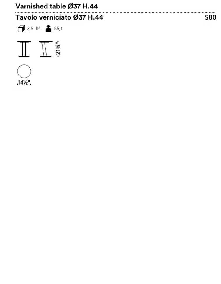 Pipe Side Table by Moroso, size drawing: Varnished table Ø37 H.44