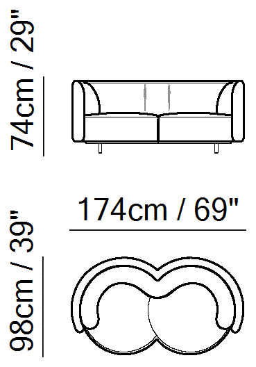 Wave Sofa by Natuzzi Italia: Two-seater sofa, outline drawing with sizes