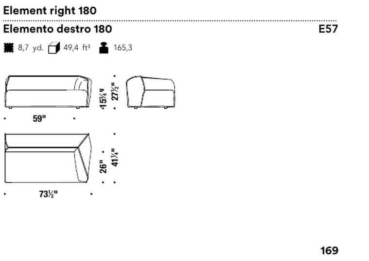 M.a.S.S.a.S. Sofa by Moroso, size drawing: Element right 180