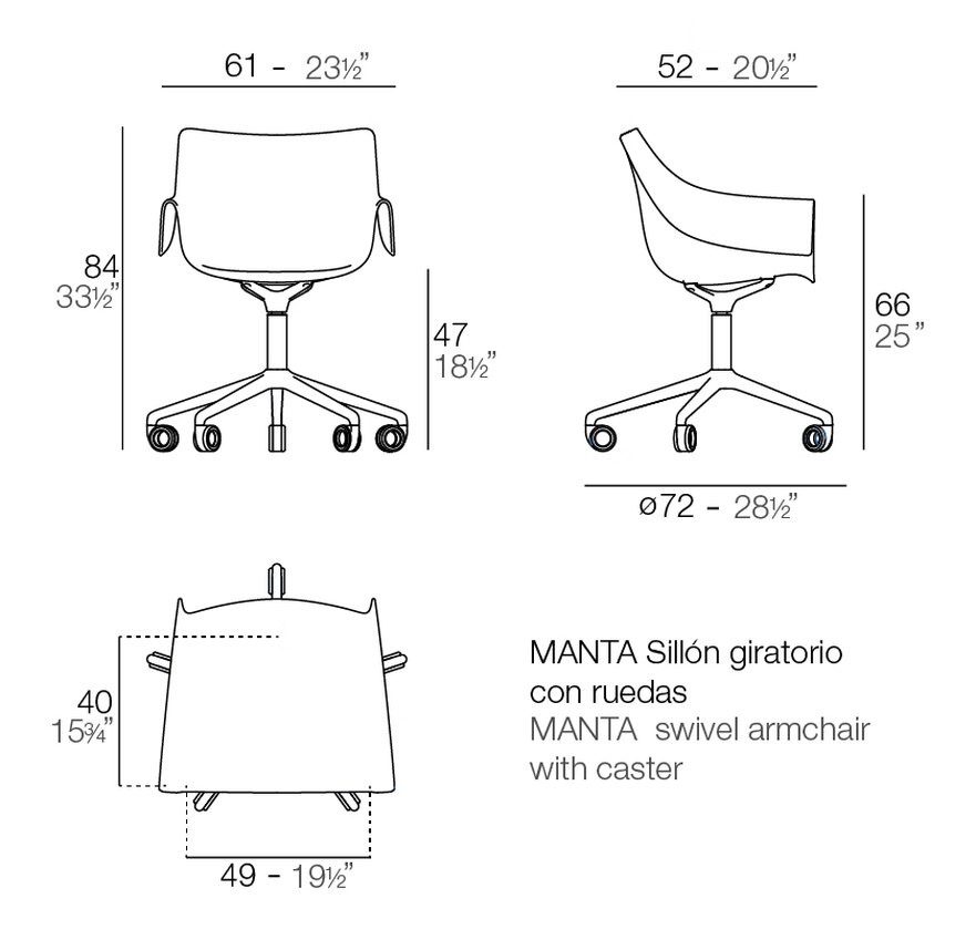 Manta Swivel Caster Armchair by Vondom, size drawing