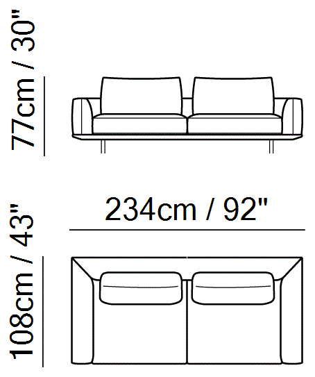 Tempo Sectional by Natuzzi Italia: Three-seater sofa, outline drawing with sizes