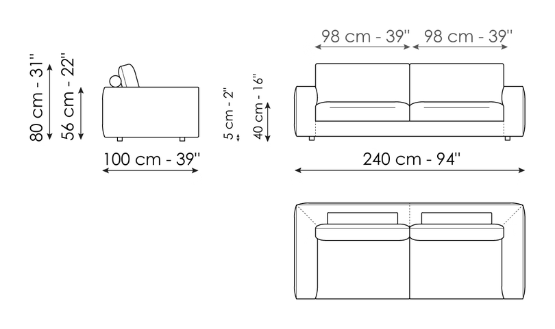 Superhiro Sofa by Bonaldo, size drawing: Sofa 240