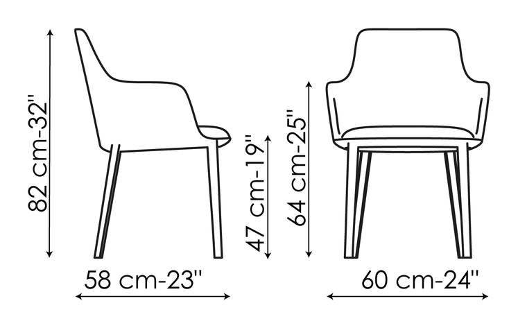 Itala Chair by Bonaldo, size drawing: Miss Itala covered