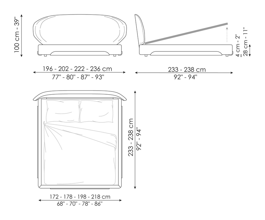 Olos Bed by Bonaldo, size drawing: Olos bed open