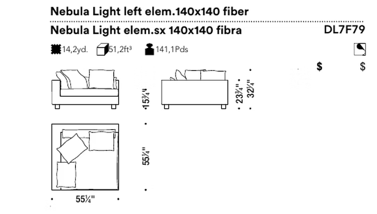 Nebula Light Sofa by Moroso, size drawing: Nebula Light left elem.140x140 fiber