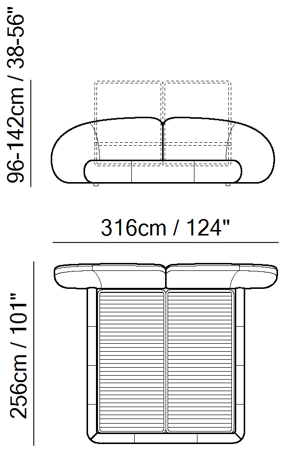 Memoria Bed by Natuzzi Italia: Bed with tilt and lift mechanism 193X203, outline drawing with sizes