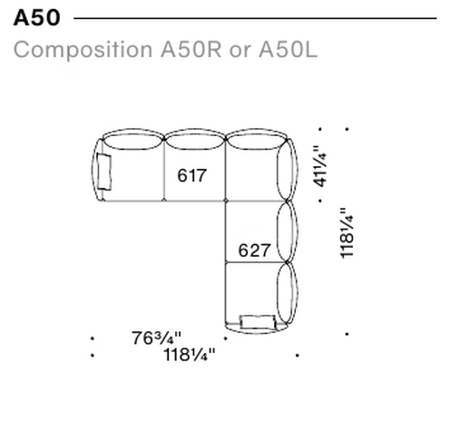 Gentry Sofa by Moroso, size drawing: Composition A50R or A50L