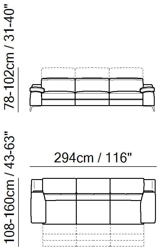 Duca Sectional by Natuzzi Italia: Three-seater sofa with three electric recliner functions, outline drawing with sizes
