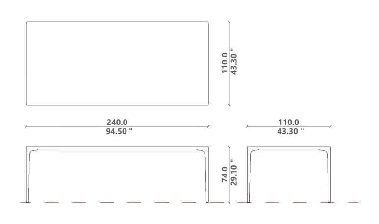 Soul Dining Table by Talenti, size drawing: 240 × 110 × H 74