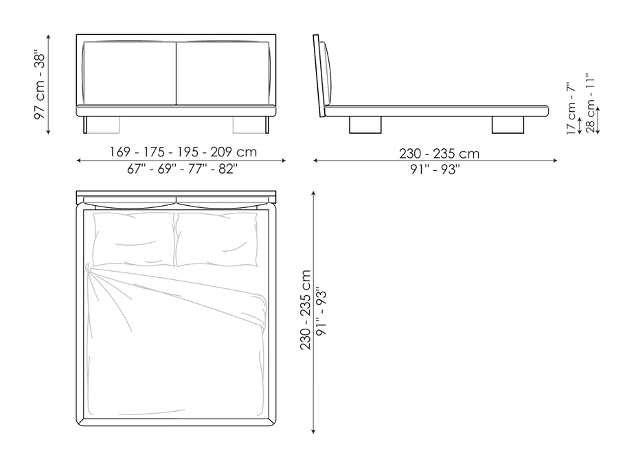 Tara Double Bed by Bonaldo, size drawing