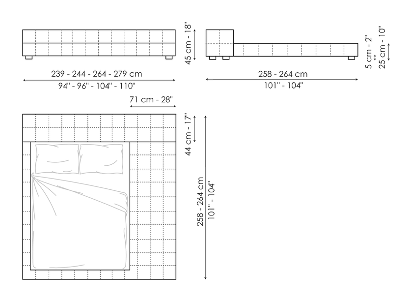 Squaring Double Bed by Bonaldo, size drawing: Squaring penisola variante C