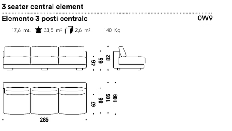 Salon Nanà Sofa by Moroso, size drawing: 3 seater central element