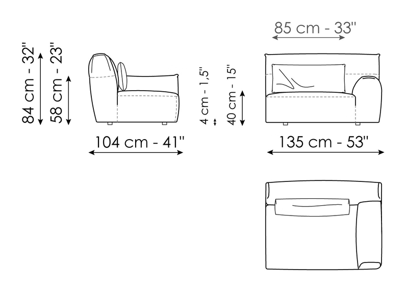 Belloalto Sofa by Bonaldo, size drawing: End section sofa 135