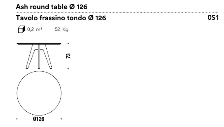 Mathilda Dining Table by Moroso, size drawing: Ash round table Ø 126
