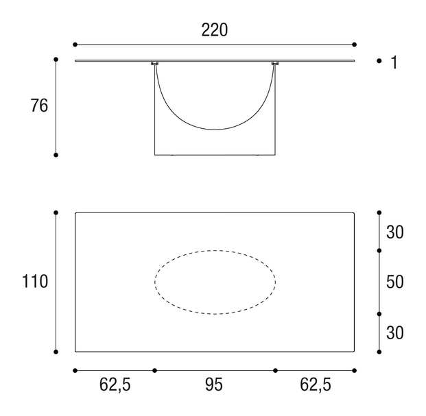 U Dining Table by Lago, size drawing: 2490G · 2490X