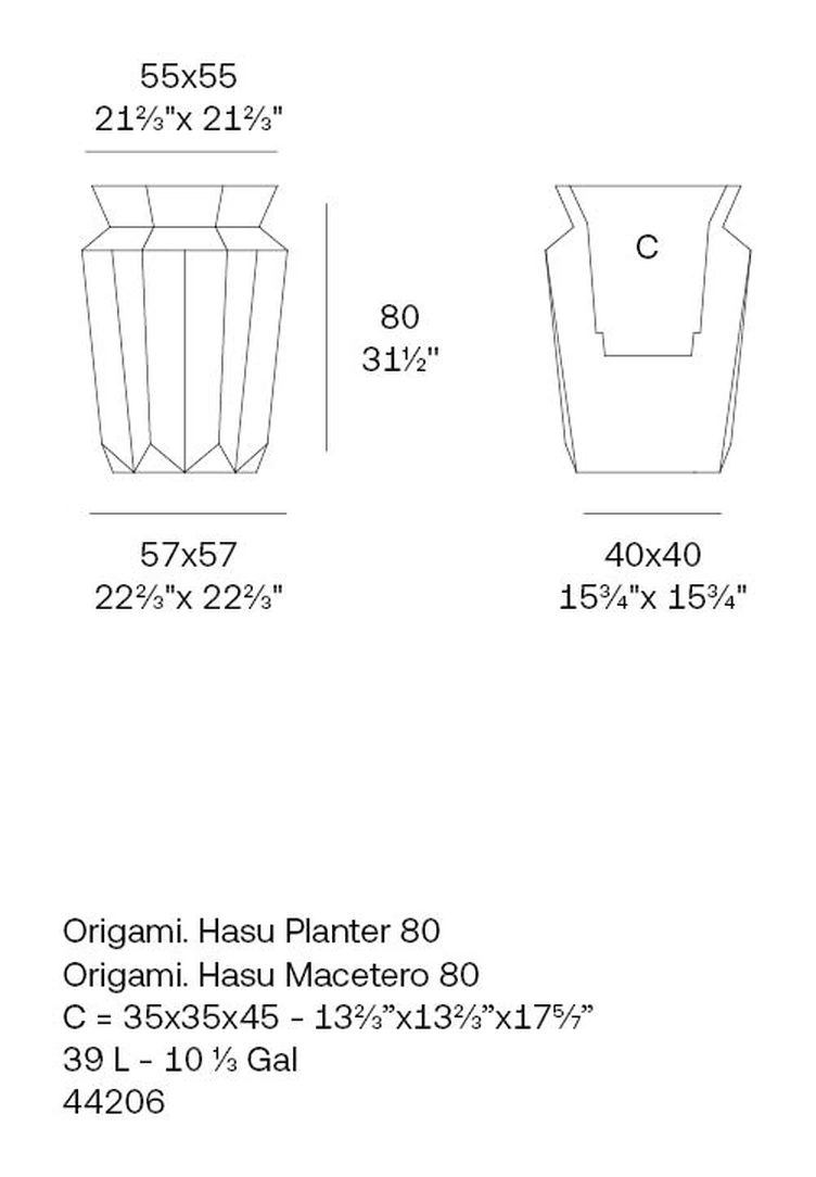 Hasu Planter by Vondom, size drawing