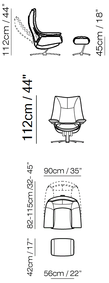Re-Vive Casual Recliner by Natuzzi Italia: Re-Vive armchair with footrest, outline drawing with sizes