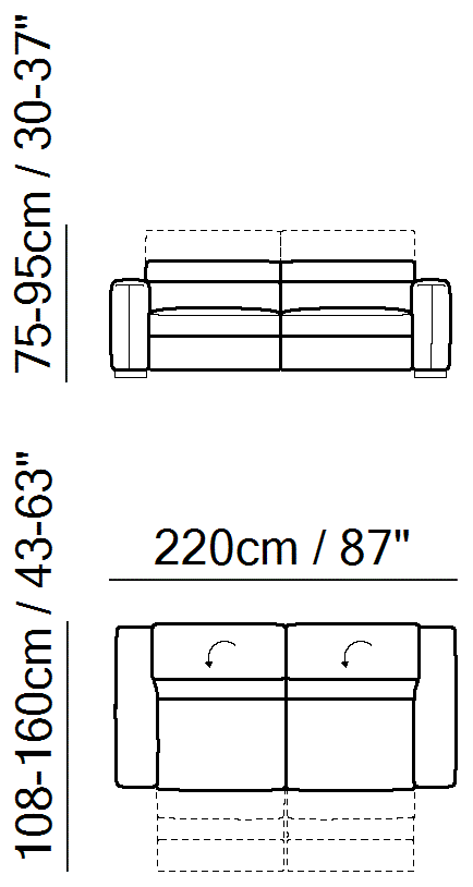 Balance Sectional by Natuzzi Italia: Three-seater sofa with two cushions and two electric recliner functions, outline drawing with sizes