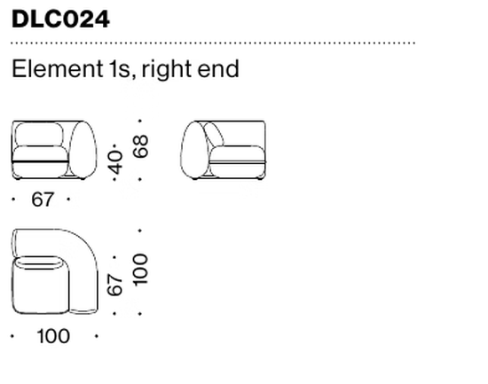 D-Scape Sofa by Moroso, size drawing: Element 1s, right end