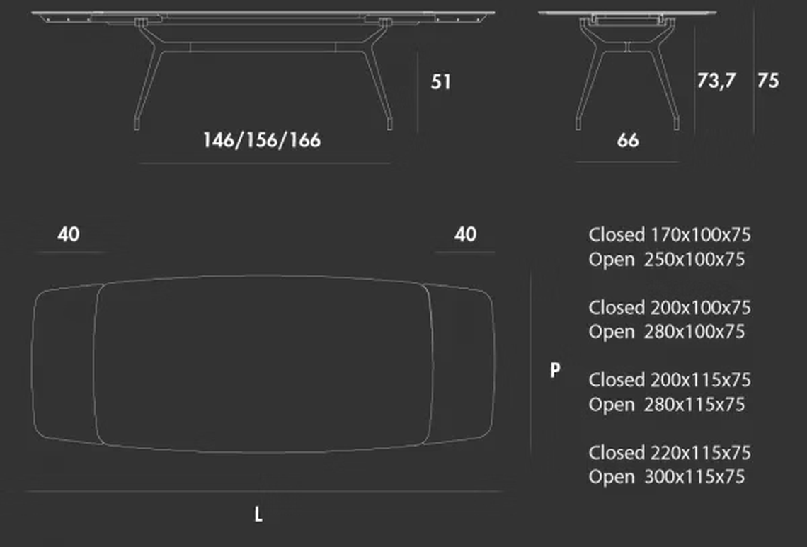 Arkos Shaped Extendable Table by Sovet, size drawing